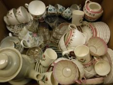 Two boxes of various china wares to include a Royal Doulton relief decorated jar and cover,