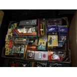 Two boxes of various model cars, buses etc including Burago, Atlas Editions,