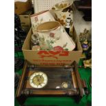 A late Victorian walnut cased Vienna Regulator and a box containing various lamps and decanters,
