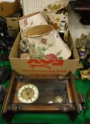 A late Victorian walnut cased Vienna Regulator and a box containing various lamps and decanters,