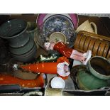 A box of various china and glass ware to include vases, decanter, etc, box of various cutlery and