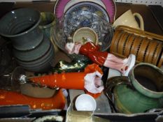 A box of various china and glass ware to include vases, decanter, etc, box of various cutlery and