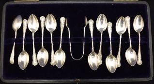 A cased set of twelve Victorian silver teaspoons with matching sugar tongs (Birmingham 1900)