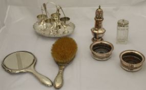 A box containing assorted silver-backed hairbrushes and hand mirror and other assorted plated