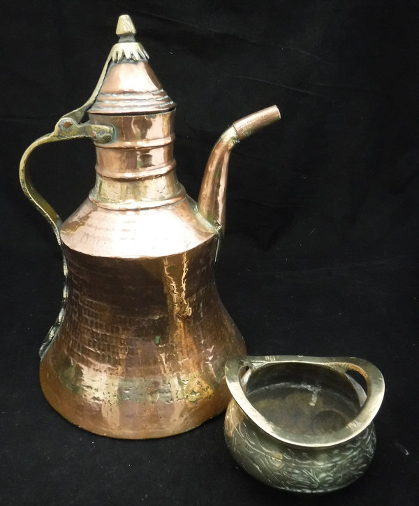 A Middle Eastern copper and brass coffee pot and a Chinese brass censer bearing faux Ming marks