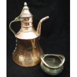 A Middle Eastern copper and brass coffee pot and a Chinese brass censer bearing faux Ming marks
