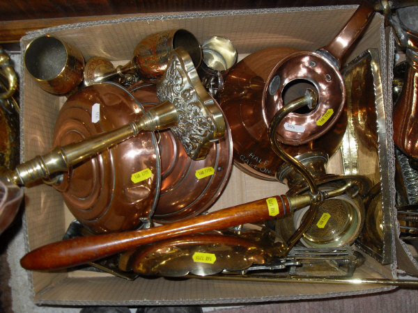 Two boxes of various copper and brass wares to include half gallon haystack measure, candlesticks,