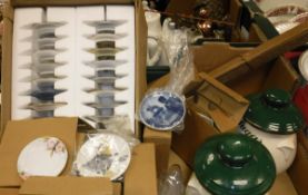 Four boxes of various china wares to include collector's plates, Jasper ware pot and lid, dolphin