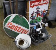 A Castrol enamel sign, together with various other signs to include Lyons Maid ice cream sign,