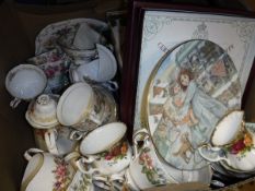 Three boxes containing various china including Lladro figure, two figures of balloon sellers,