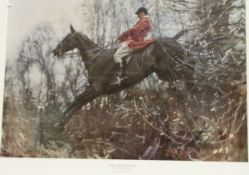 AFTER SIR ALFRED J MUNNINGS "The Huntsman Ned on the brown mare", colour print, together with