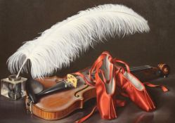 SABRINA GARZELLI "Feather quill, violin and red ballet shoes", oil on canvas,