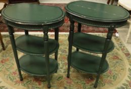 A pair of modern painted three tier bedside tables, cane seated bedroom chair, Victorian dressing
