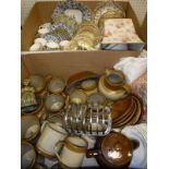 Two boxes of various china wares to include stone wares, tea wares, together with three modern white