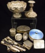 A collection of silver wares to include a Victorian silver pedestal bowl with embossed floral