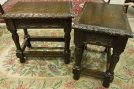 Two 20th Century carved oak stools and a mahogany towel rail
