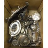 A box containing various plated wares including Walker & Hall teapot, two salvers, two card trays,