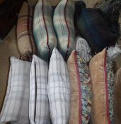 Two boxes of assorted scatter cushions and throws/blankets to include Highgrove tartan cushions,