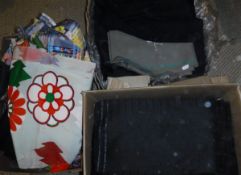 Three boxes of assorted fabric off-cuts and remnants to include suit fabrics etc
