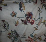 Two pairs of woven cotton lined curtains, the cream ground set with floral sprays of red,