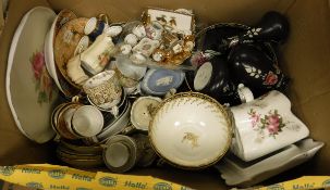 A box of miscellaneous china wares to include Shelley vases