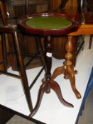 A child's high chair, two reproduction wine tables and an oak corner wall hanging corner cupboard,