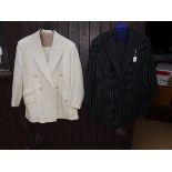 A gents cream linen suit together with a pinstripe jacket and two pairs of trousers,