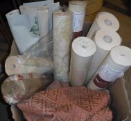 A box containing eight rolls/part rolls of Zoffany Damask Collection Oak Garland Stripe wallpaper,