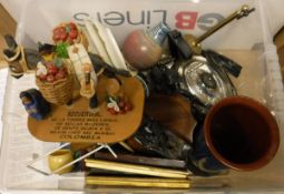 A box of miscellaneous china and metal wares to include shaped Chinese dish,