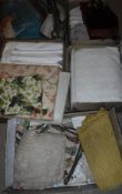 Five boxes of assorted linens etc to include table linens and bedding