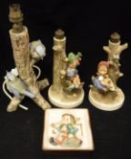 Three Goebel Hummel figural table lamp bases and a wall plaque depicting Merry Wanderer