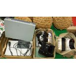 Two boxes and a bag of various camera equipment to include a King Penguin camera, slide viewer,