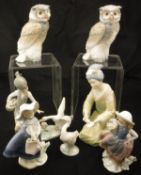 A collection of four Lladro figures including "Girl being chased by goose",