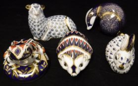 A collection of Royal Crown Derby animal figures including: seated Ram gold button,