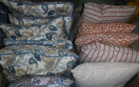 Three boxes of various scatter cushions,