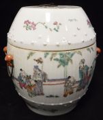 A 19th Century Chinese polychrome decorated barrel shaped jar and cover with all over decoration of