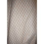 Two pairs of cotton interlined curtains of peach and cream lattice ground with coordinating lining