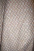 Two pairs of cotton interlined curtains of peach and cream lattice ground with coordinating lining