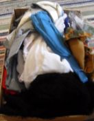 A box of assorted vintage clothing and offcuts to include black dresses, parts of wedding dress,
