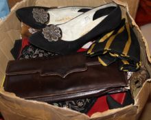 A box containing assorted ladies and gents accessories to include clutch bags,