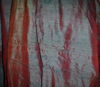 Three pairs of large silk interlined curtains of red/green colour,