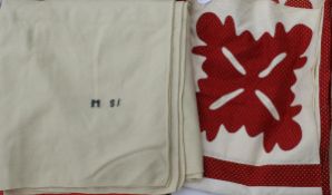 A 19th Century quilt front, the white ground set with red fabric (unfinished),