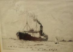 AFTER NORMAN WILKINSON "Steamer Ship at sea, lighthouse on rock to background", dry point etching,