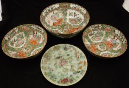 Three various Chinese famille-rose bowls and a celadon glazed famille-rose plate with seal mark to