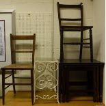 A three tier folding cake stand, two cane seated hall chairs, nest of three mahogany tables,