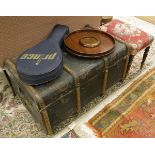 A wood bound black leather steamer trunk, a 19th Century mahogany framed stool,