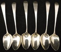 A set of six George III silver tea spoons initialled "TS" to the front (bears maker's mark FP