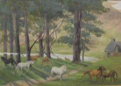 FLORA EGERTON "Horses in a landscape with cottage by lake", watercolour, signed bottom left,