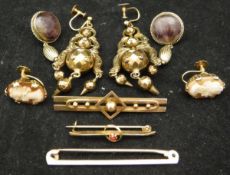 Three 9 carat gold bar brooches, together with a pair of 9 carat gold set cameo earrings,