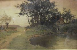 ATTRIBUTED TO ARTHER SUKER "Landscape with figure beside a pond", watercolour,